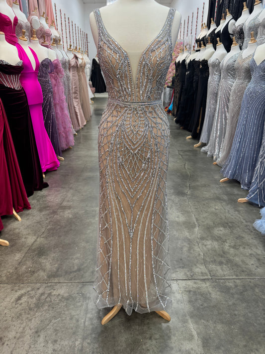 Nude/Silver Diamond Dress