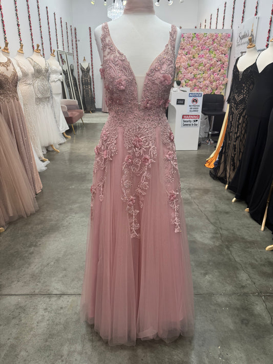 Pink V-Neck Floral Gown