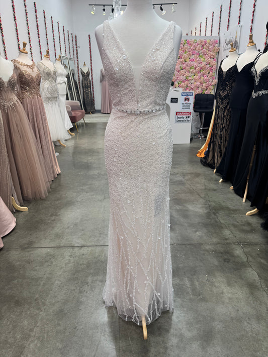 White Sequin Belt Dress
